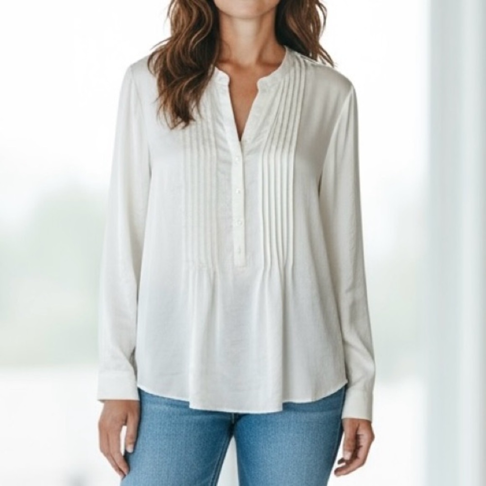 NWT DKNY Women Long Sleeve Blouse Ivory Sz S Button Down Shiny White Relaxed Fit